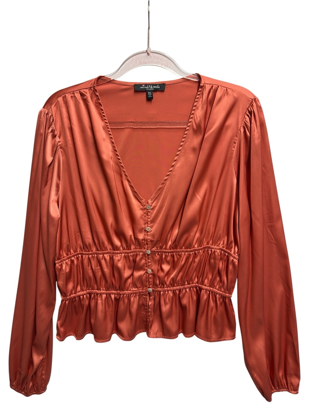 Silky Satin Knit Rust Babydoll Peplum Blouse Top